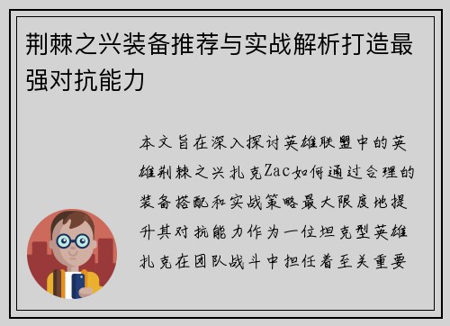 荆棘之兴装备推荐与实战解析打造最强对抗能力