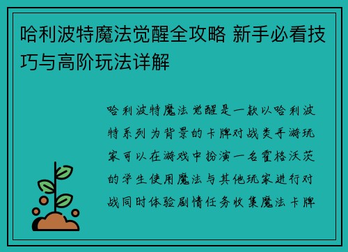 哈利波特魔法觉醒全攻略 新手必看技巧与高阶玩法详解